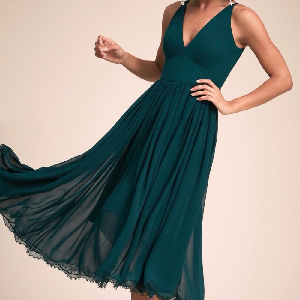 NWT Dress the Population Alicia Midi Nordstrom Mixed Media Green Pine Dress XS‎